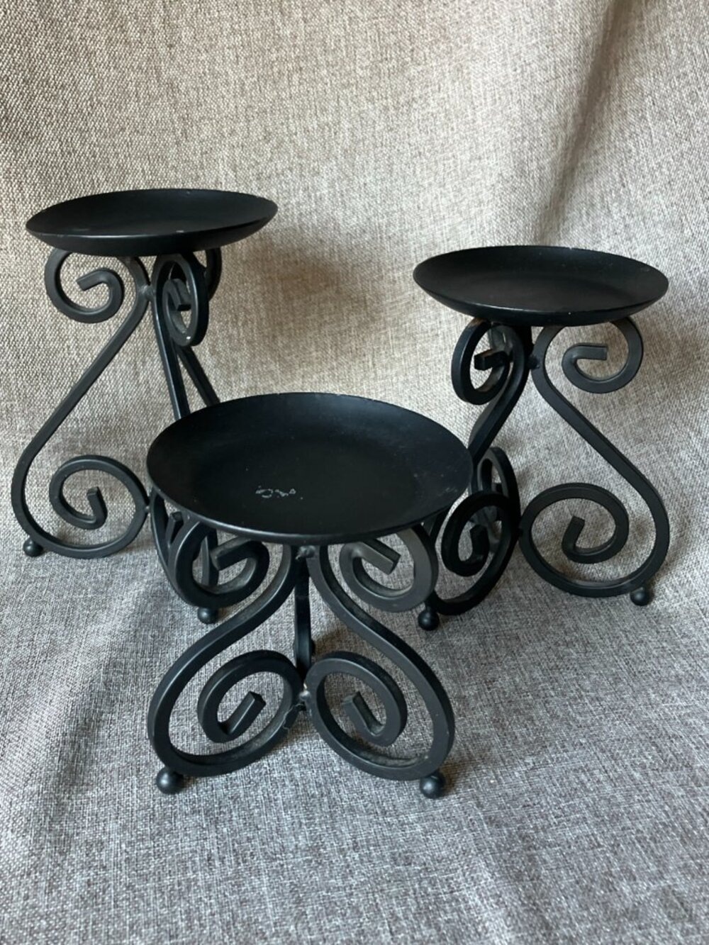 Set of 3 Black Wrought Iron Scrollwork Pillar Candle Holders French Country Vibe